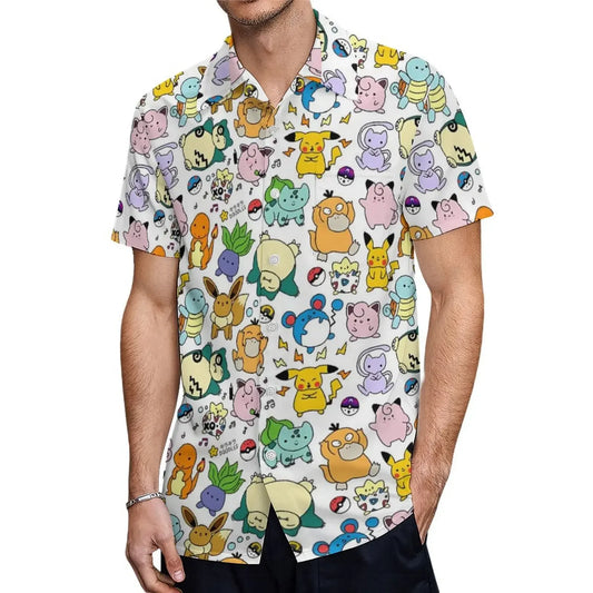 Chemise été homme Pokémon Imprimé mignon Manches courtes Décontractée & confortable Boutons ouverts Col à revers