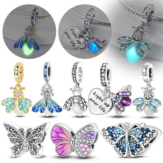 Breloque en Argent 925 - Pendentif Papillon Luciole Lumineux pour Bracelet