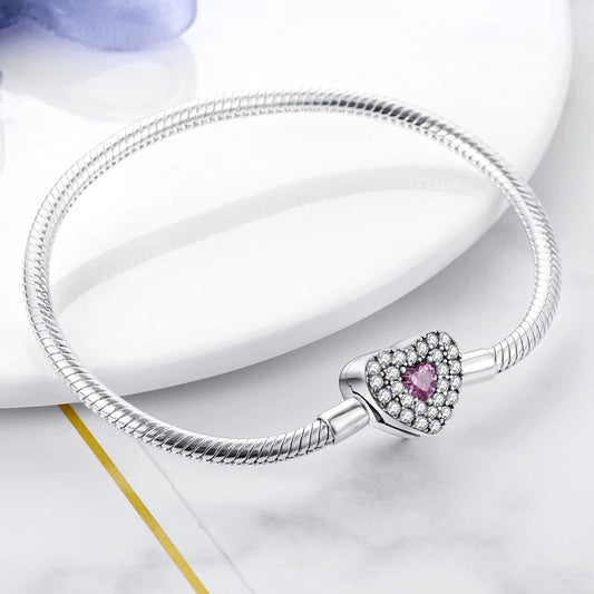 Bracelet Femme Argent 925 Chaîne Serpent Fermoir Cœur Compatible Charms