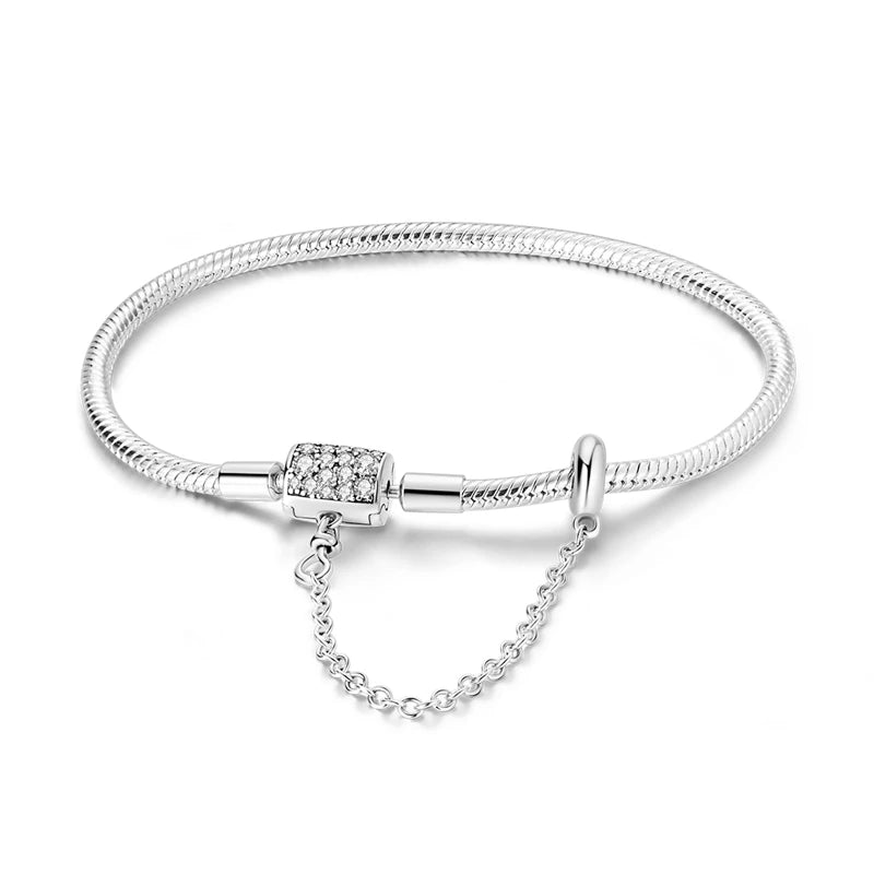 Bracelet Femme Argent 925 Chaîne Serpent Fermoir Cœur Compatible Charms
