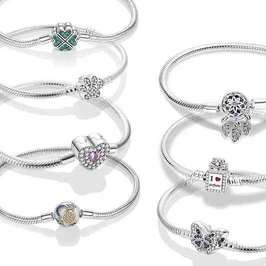 Bracelet Femme Argent 925 Chaîne Serpent Fermoir Cœur Compatible Charms