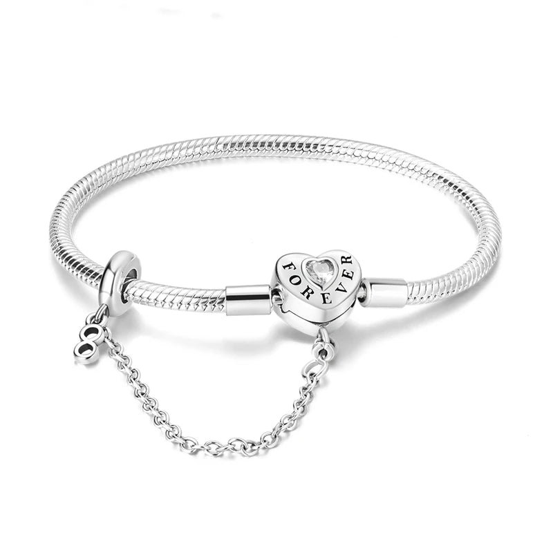 Bracelet Femme Argent 925 Chaîne Serpent Fermoir Cœur Compatible Charms